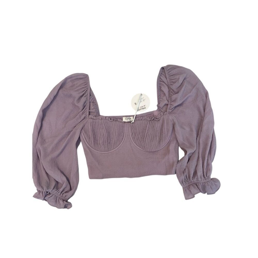 NWT Storia size small Lavender puff sleeve elastic back underwire crop top